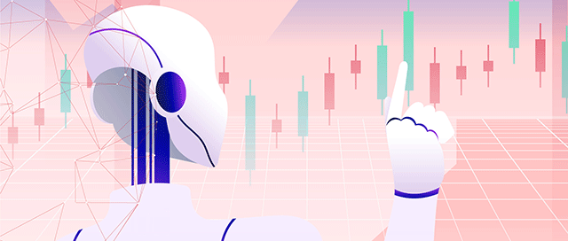 Illustration of a robot pointing to rising stock charts, symbolizing the influence of AI on financial markets. Image credit: freepik