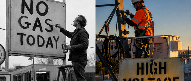 AI-generated split image: at left, in black and white, a 1973 service-station attendant stands beside a handwritten NO GAS TODAY sign; at right, in color, a present-day lineworker faces him across the divide beside a HIGH VOLTAGE sign on transmission equipment.buildout