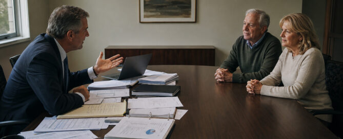 A financial advisor gestures across a conference table covered in paper and charts on his side; an older couple across from him sit with folded hands on a bare tabletop.