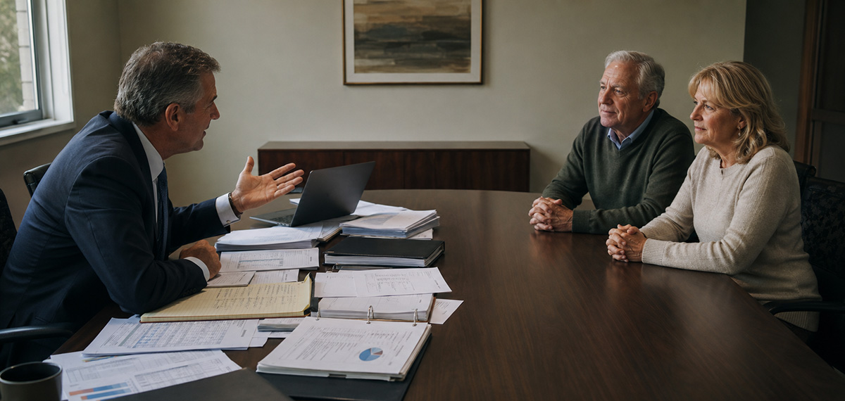 A financial advisor gestures across a conference table covered in paper and charts on his side; an older couple across from him sit with folded hands on a bare tabletop.